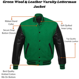 Green Letterman Wool and Leather Varsity Jacket with Ribbed Cuffs