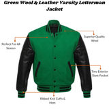 Green Letterman Wool and Leather Varsity Jacket with Ribbed Cuffs
