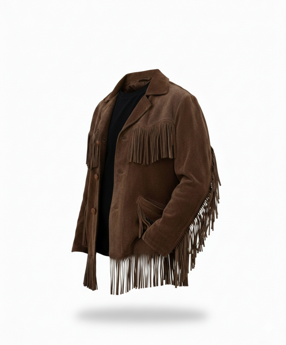 Men’s Western Suede Fringe Jacket with Beadwork Vintage Cowboy Style