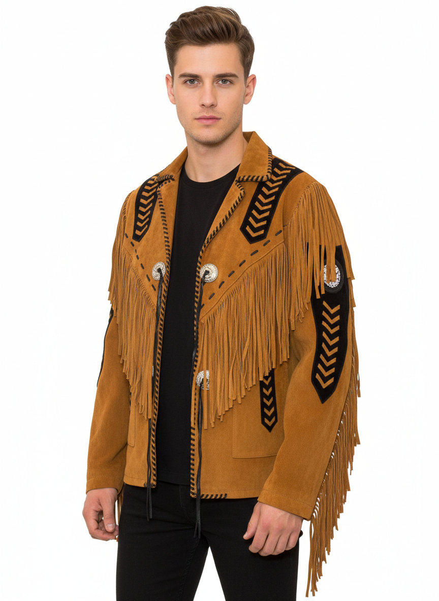 Men’s Western Suede Fringe Leather Jacket – Cowboy Native American Style