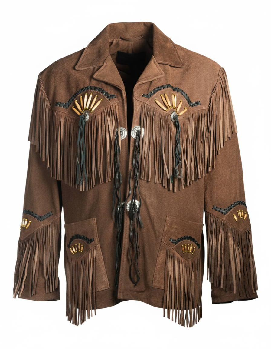 Men’s Handcrafted Western Suede Leather Jacket with Fringe & Native-Inspired Beadwork