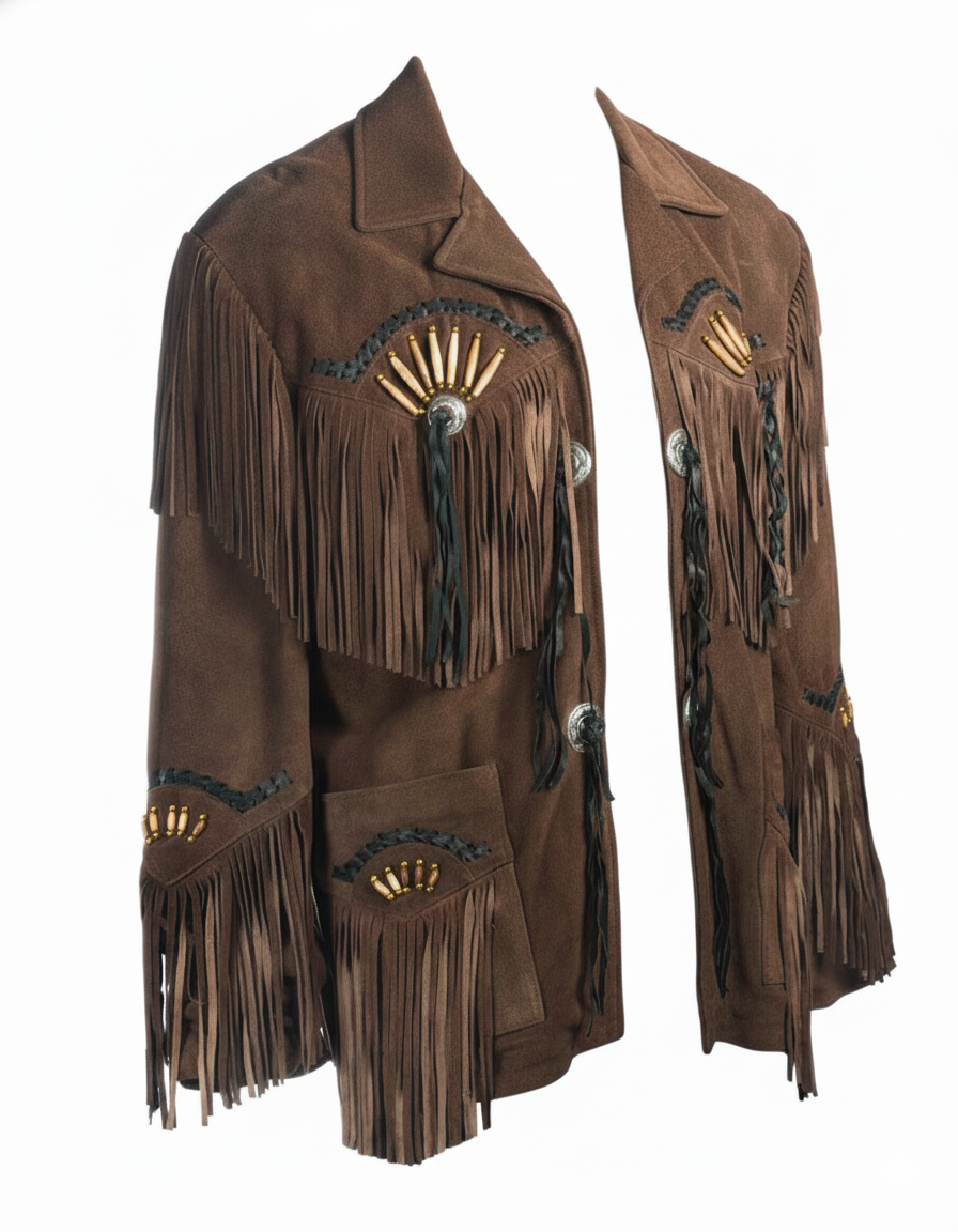 Men’s Handcrafted Western Suede Leather Jacket with Fringe & Native-Inspired Beadwork