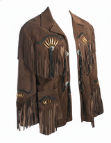 Men’s Handcrafted Western Suede Leather Jacket with Fringe & Native-Inspired Beadwork