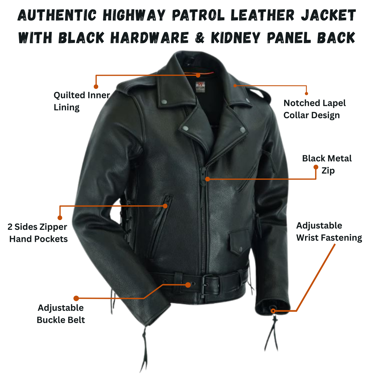 Authentic Highway Patrol Leather Jacket Black Hardware Kidney Back