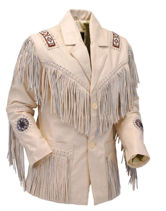 Men’s Western Cowboy Real Leather Fringe Jacket with Beaded Native American Design