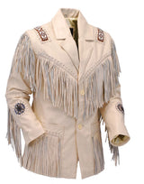 Men’s Western Cowboy Real Leather Fringe Jacket with Beaded Native American Design