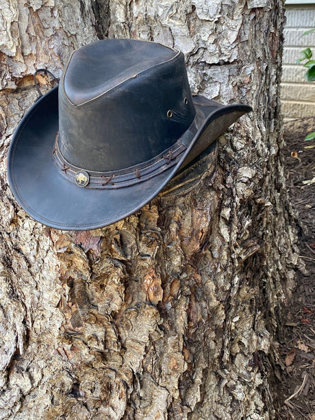 Ruff Rider Outback Leather Distressed Black Cowboy Hat