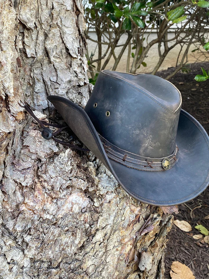 Ruff Rider Outback Leather Distressed Black Cowboy Hat