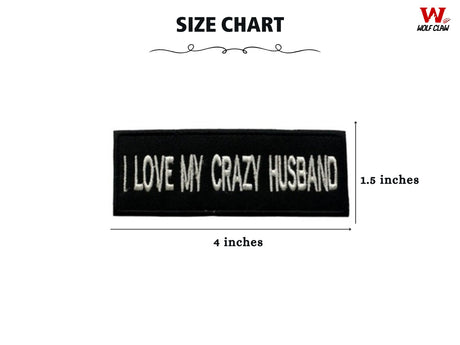 Black iron-on patch, 4 in x 1.5 in, 'I LOVE MY CRAZY HUSBAND' text