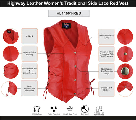 WC10541RED Red Leather Vest - Women motorcycle Club - Women Leather Vests - Front View