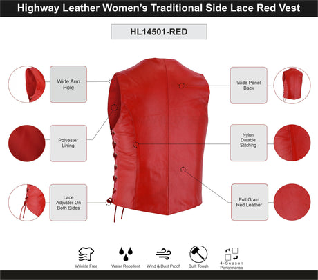 WC10541RED Red Leather Vest - Women motorcycle Club - Women Leather Vests - Back View