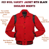 Black Wool Varsity Jacket With Red Shoulder Inserts