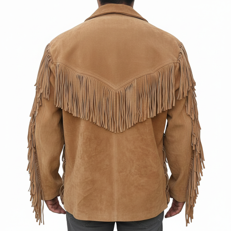 Men’s Western Suede Fringe Leather Jacket with Artisan Bead Detailing – Cowboy Inspired Style
