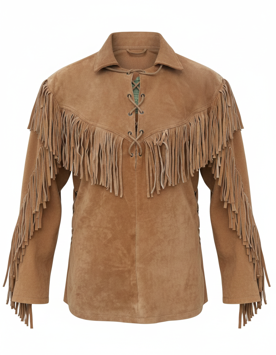 Men’s Western Suede Fringe Leather Jacket with Artisan Bead Detailing – Cowboy Inspired Style