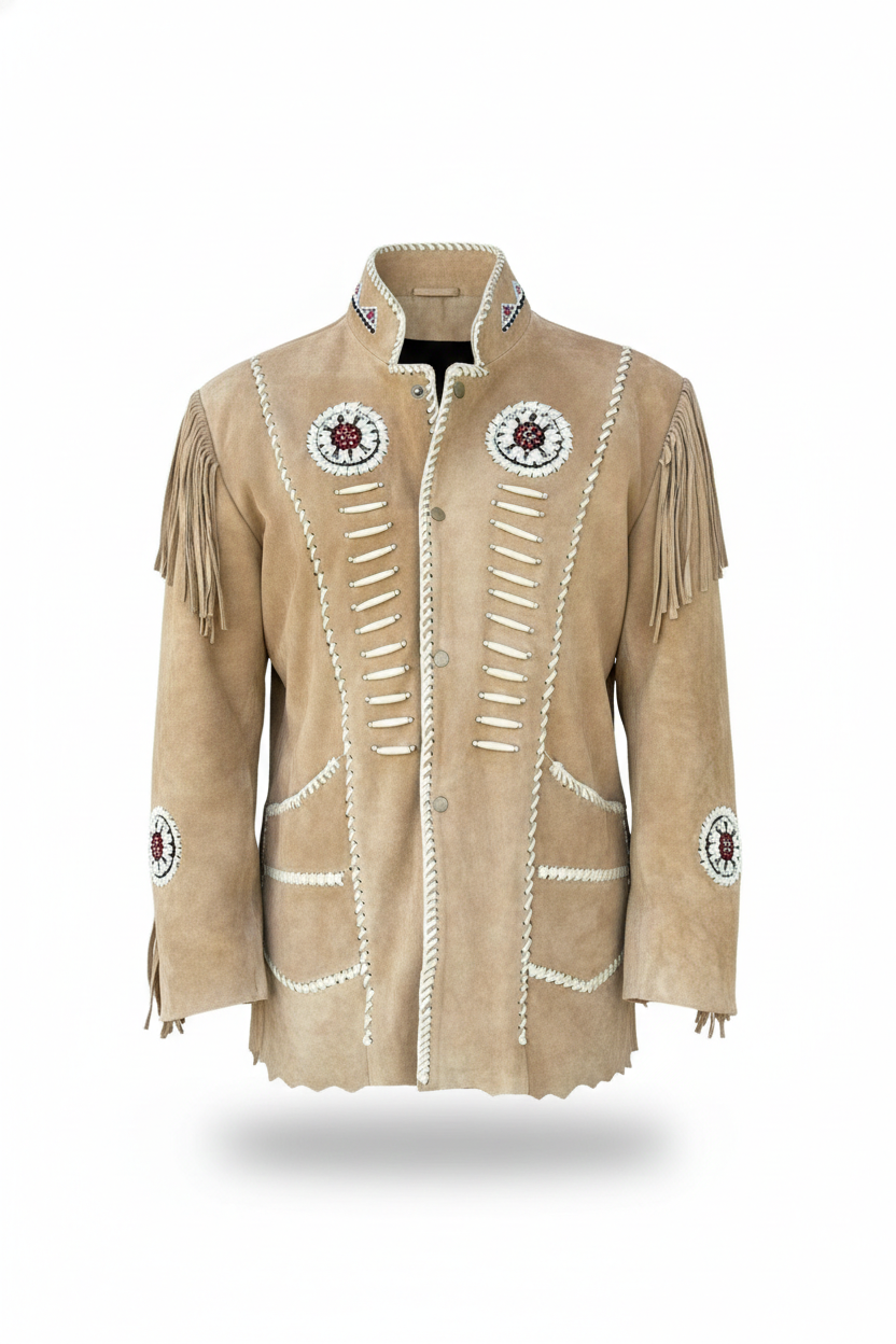 Men’s Suede Fringe Jacket Western Cowboy Native American Style Leather Outerwear