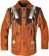Western Cowboy Suede Fringe Jacket with Handmade Beadwork – Men’s Native Style Leather Jacket