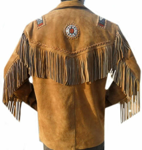 Men’s Native American Suede Fringe Jacket – Traditional Western Cowboy Beaded Leather Jacket