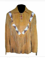 Men’s Vintage Western Suede Leather Cowboy Jacket with Fringe & Native American Beading