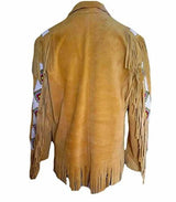 Men’s Vintage Western Suede Leather Cowboy Jacket with Fringe & Native American Beading