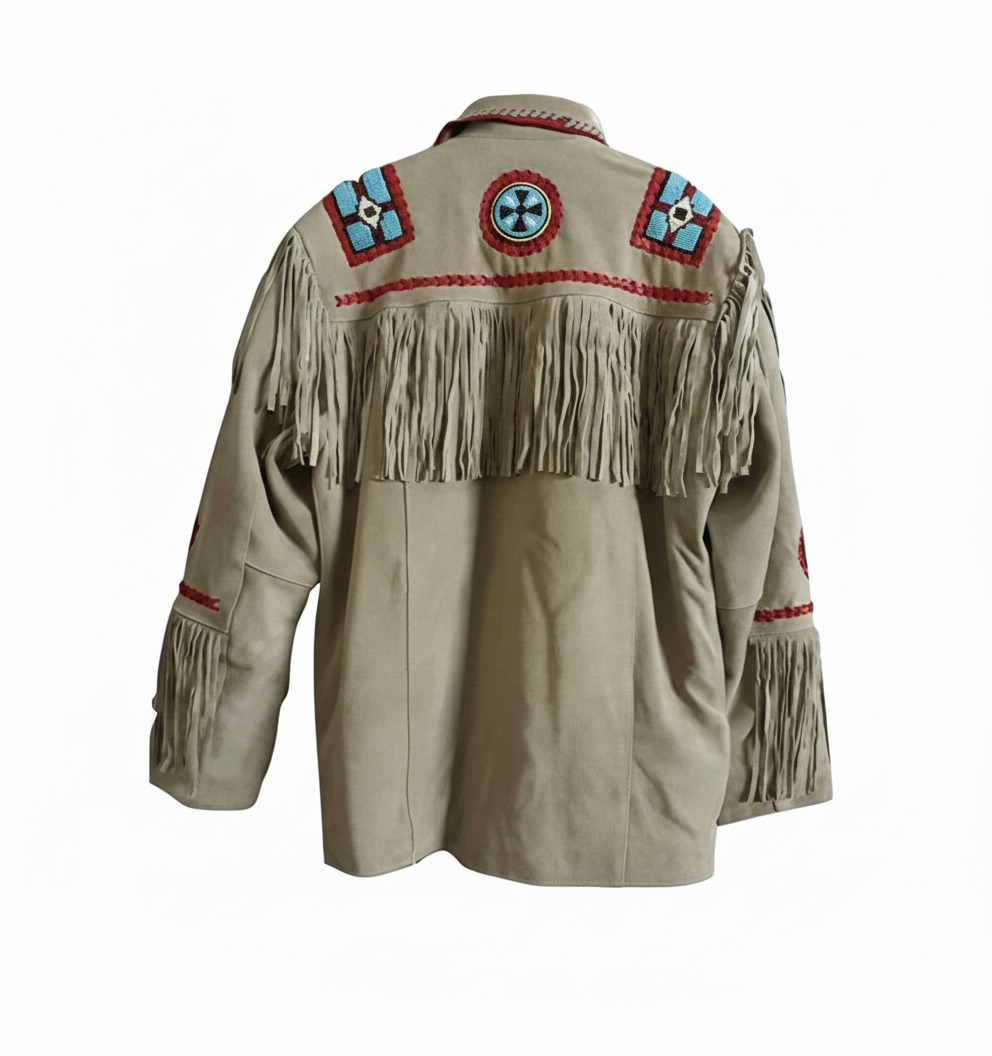 Premium Men’s Western Cowboy Suede Leather Jacket – Native American Fringed & Beaded Style