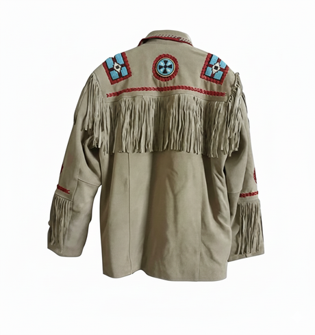 Premium Men’s Western Cowboy Suede Leather Jacket – Native American Fringed & Beaded Style