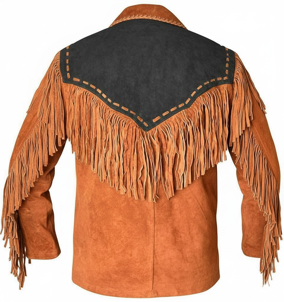 Western Cowboy Suede Fringe Jacket with Handmade Beadwork – Men’s Native Style Leather Jacket
