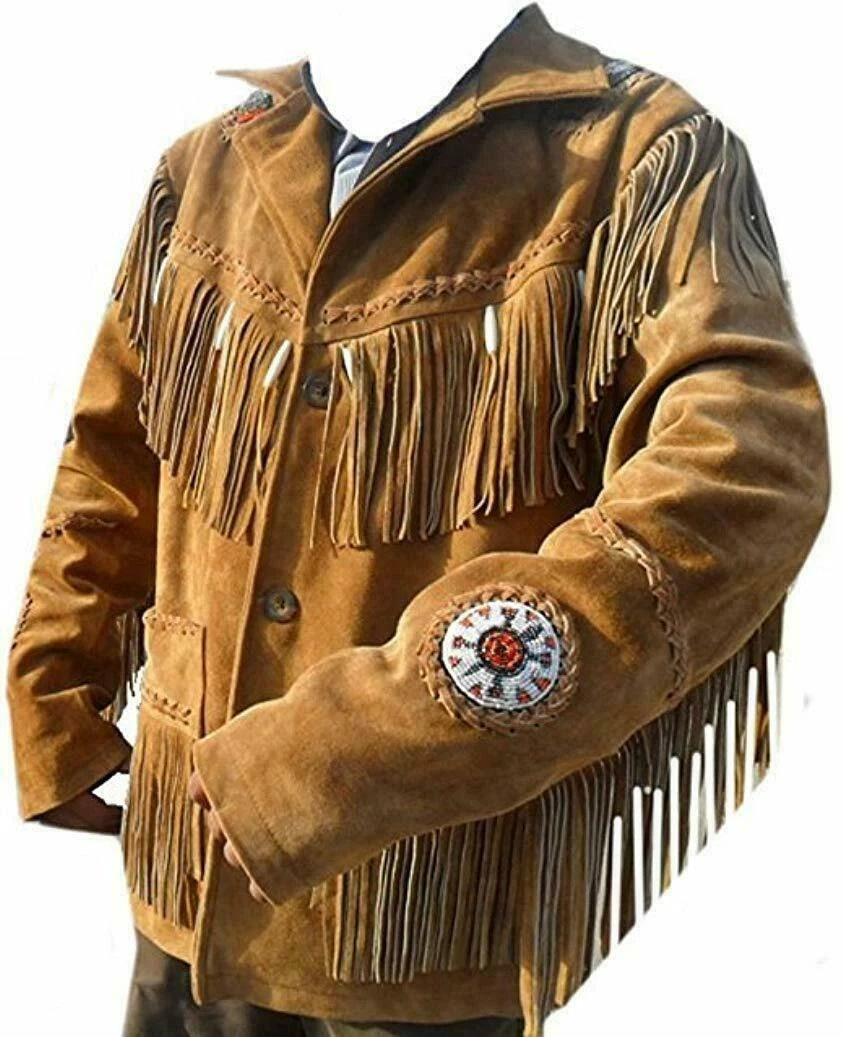 Men’s Native American Suede Fringe Jacket – Traditional Western Cowboy Beaded Leather Jacket