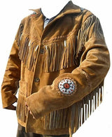 Men’s Native American Suede Fringe Jacket – Traditional Western Cowboy Beaded Leather Jacket