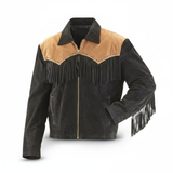 Men’s Handcrafted Suede Leather Jacket with Fringe & Bead Accents – Western Cowboy Style