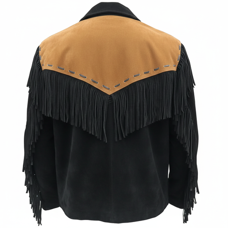 Men’s Handcrafted Suede Leather Jacket with Fringe & Bead Accents – Western Cowboy Style