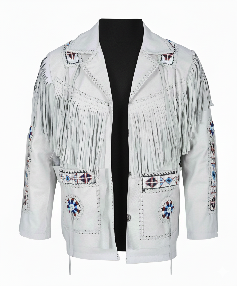 Men’s Western Cowboy Fringe Jacket – Beaded Native American Style Genuine Leather Jacket