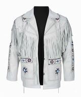 Men’s Western Cowboy Fringe Jacket – Beaded Native American Style Genuine Leather Jacket