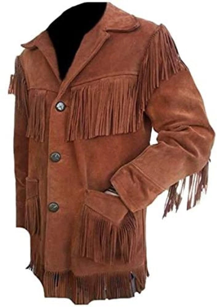 Men’s Western Suede Leather Fringe Cowboy Jacket with Native American Beaded Detailing