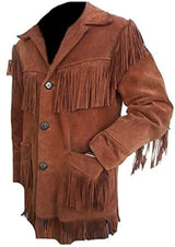 Men’s Western Suede Leather Fringe Cowboy Jacket with Native American Beaded Detailing