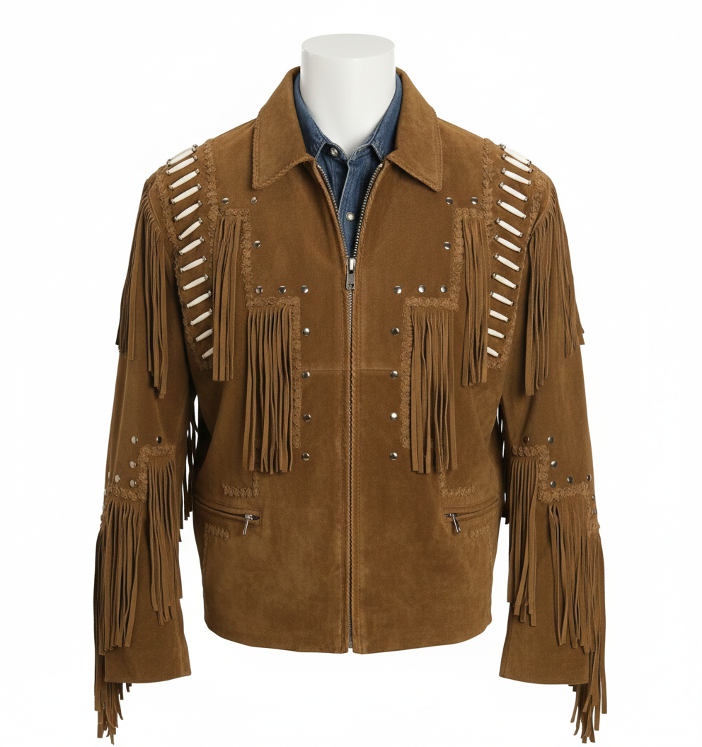 Men’s Suede Fringe Leather Jacket – Vintage Western Cowboy Native American Outerwear