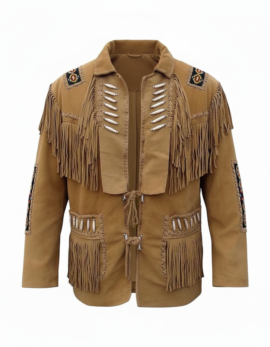Men’s Western Cowboy Suede Fringe Leather Jacket – Boho Native American Style