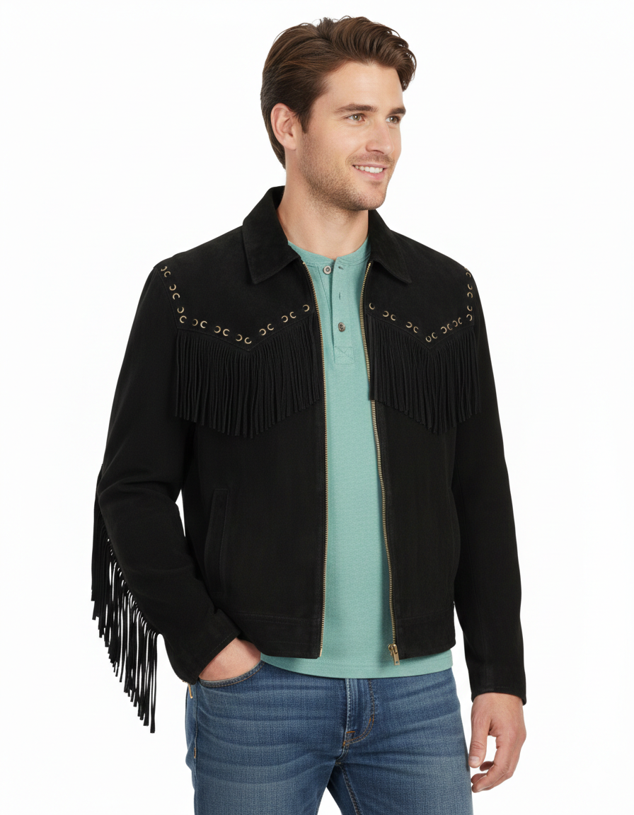 Men’s Western Suede Fringe Jacket with Beadwork Vintage Cowboy Style