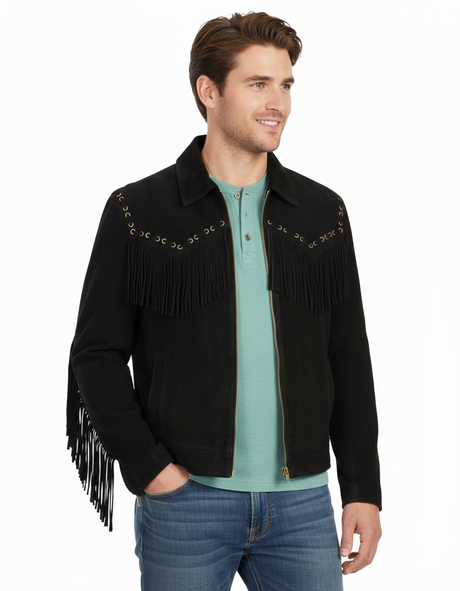 Men's Western Cowboy Suede Fringe Leather Jacket – Native American Style