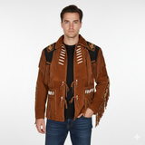 Men’s Suede Fringe Jacket – Western Cowboy Native American Style Leather Outerwear Coat
