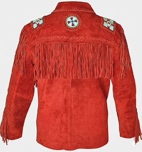Men’s Western Cowboy Suede Leather Jacket with Fringe & Beadwork – Native American Style