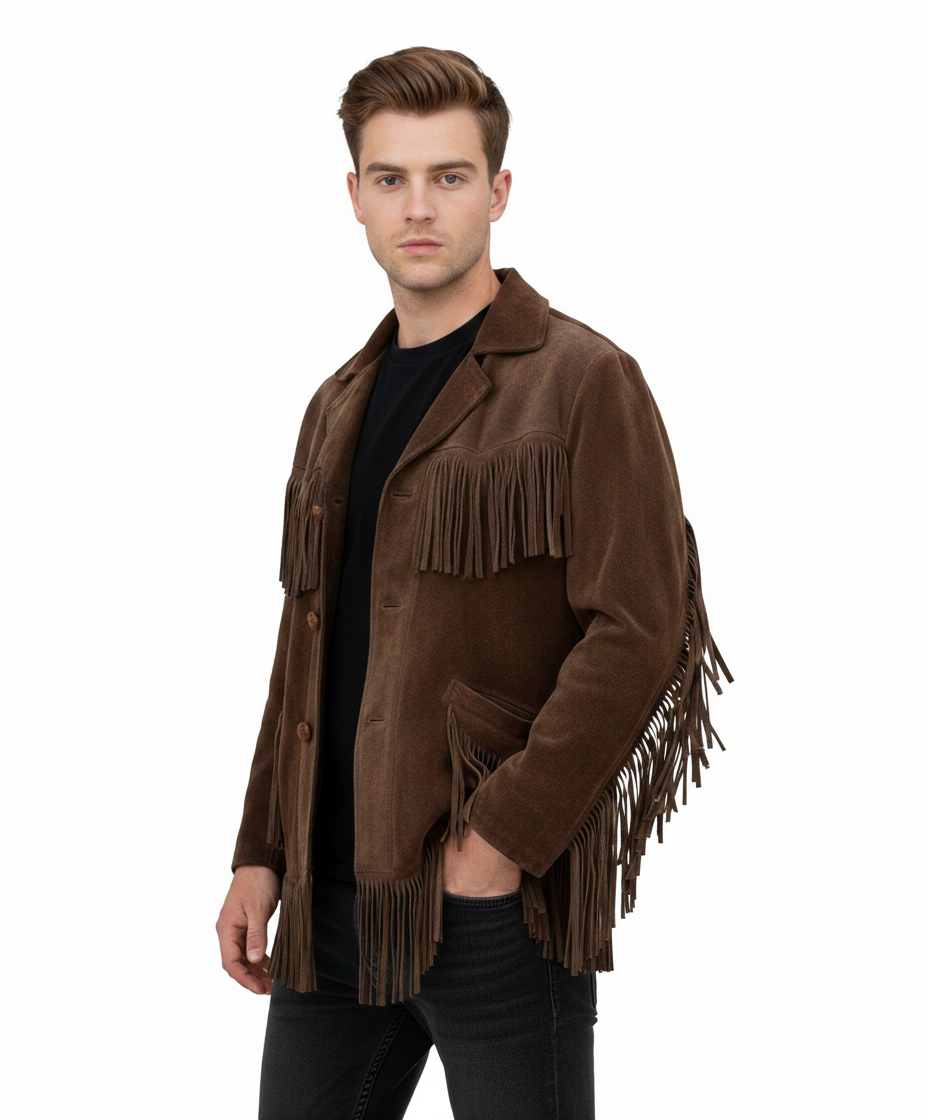Men’s Western Suede Fringe Jacket with Beadwork Vintage Cowboy Style