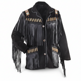 Men’s Western Cowboy Suede Fringe Leather Jacket – Beaded Native American Style