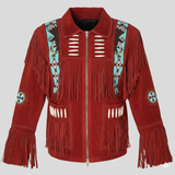 Men’s Western Cowboy Suede Leather Jacket with Fringe & Beadwork – Native American Style