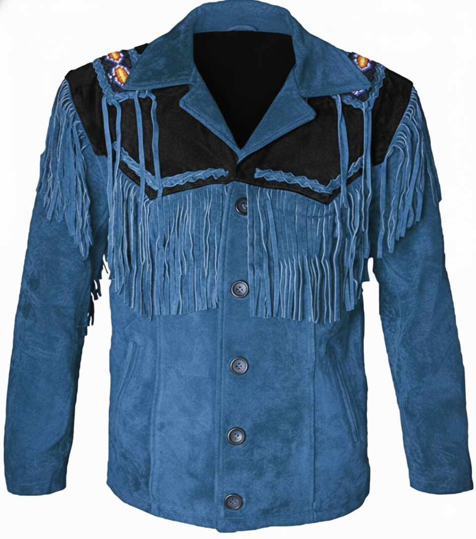 Men’s Western Cowboy Suede Fringe Jacket – Beaded Native American Style Leather Jacket