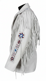 Men’s Western Cowboy Fringe Jacket – Beaded Native American Style Genuine Leather Jacket