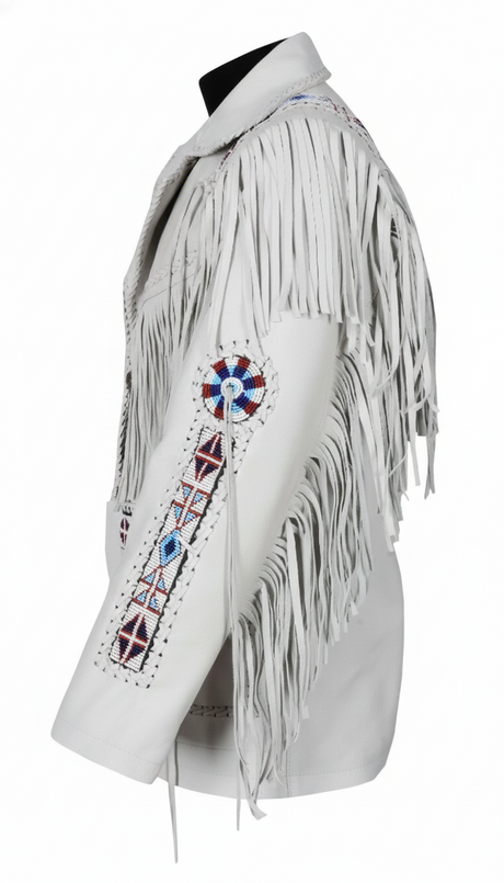 Men’s Western Cowboy Fringe Jacket – Beaded Native American Style Genuine Leather Jacket