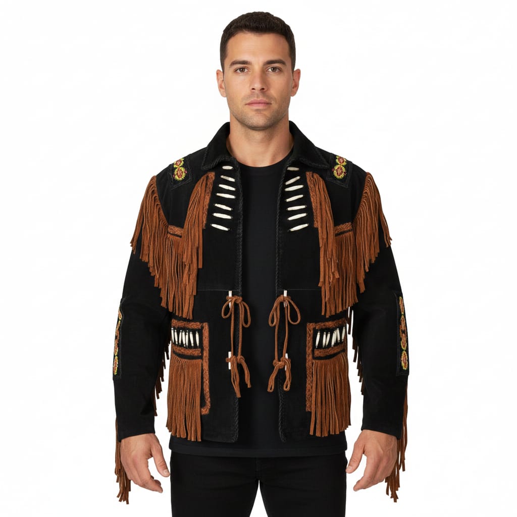 Men’s Western Suede Fringe Jacket – Beaded Cowboy Style