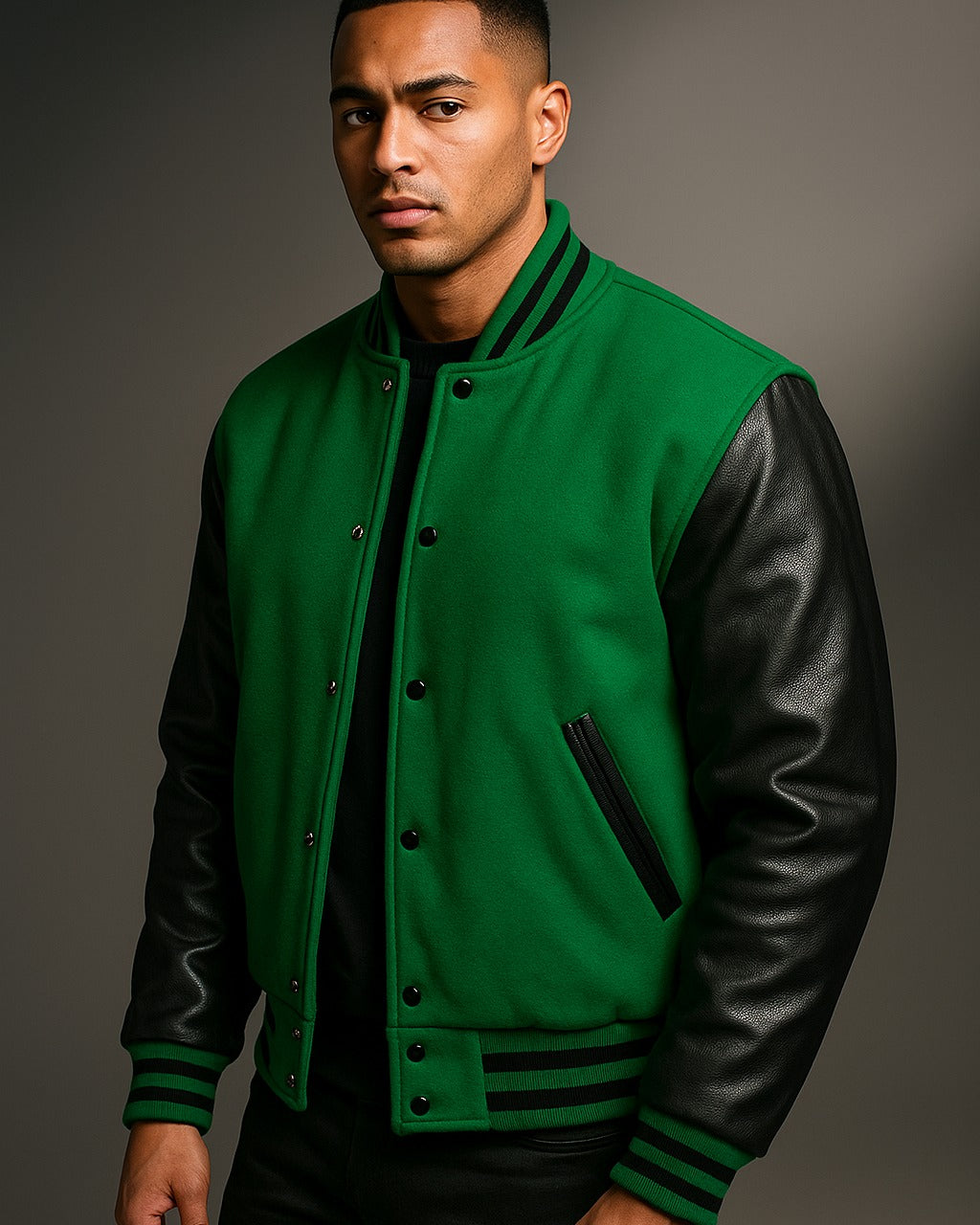 Men’s Green Wool and Leather Letterman Jacket with Ribbed Cuffs