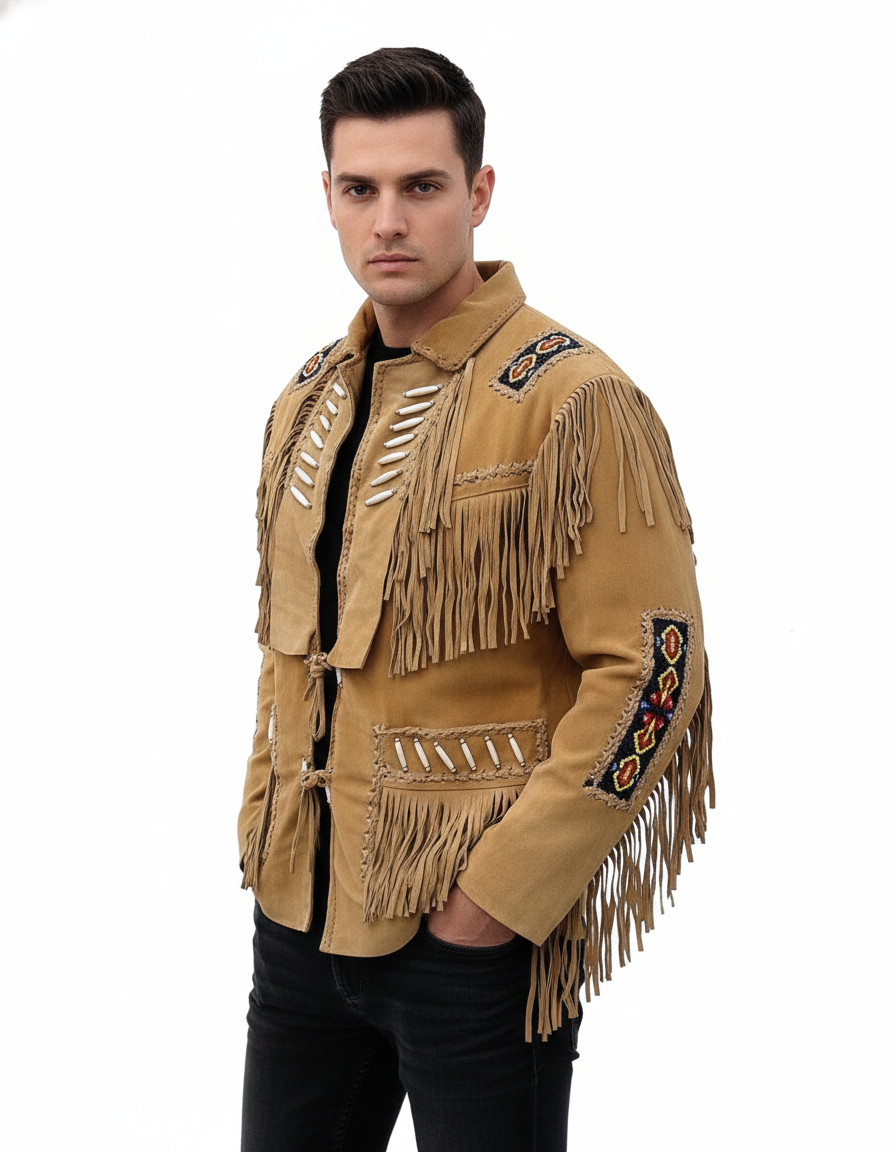 Men’s Western Cowboy Suede Fringe Leather Jacket – Boho Native American Style