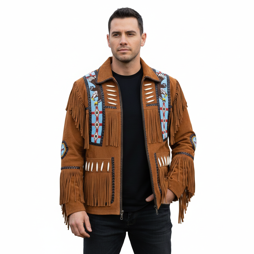 Men’s Western Suede Leather Fringe Jacket with Beadwork Vintage Cowboy Style